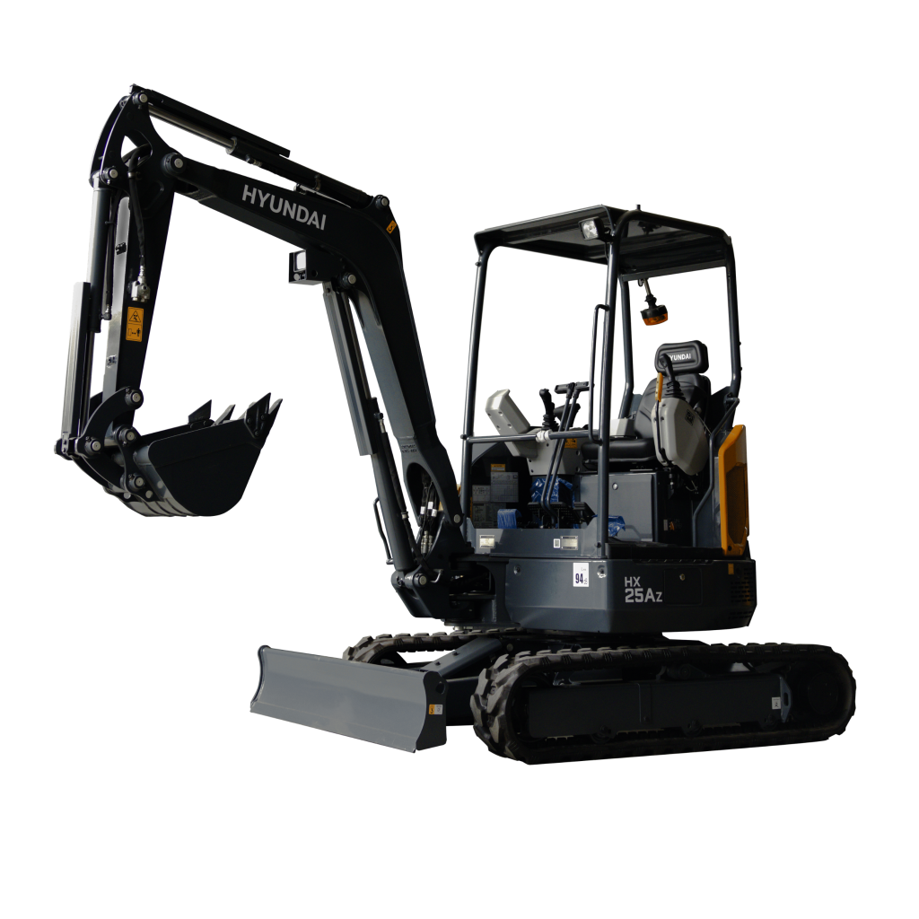 Hyundai construction excavator arm and cabin seen from side against a black background.