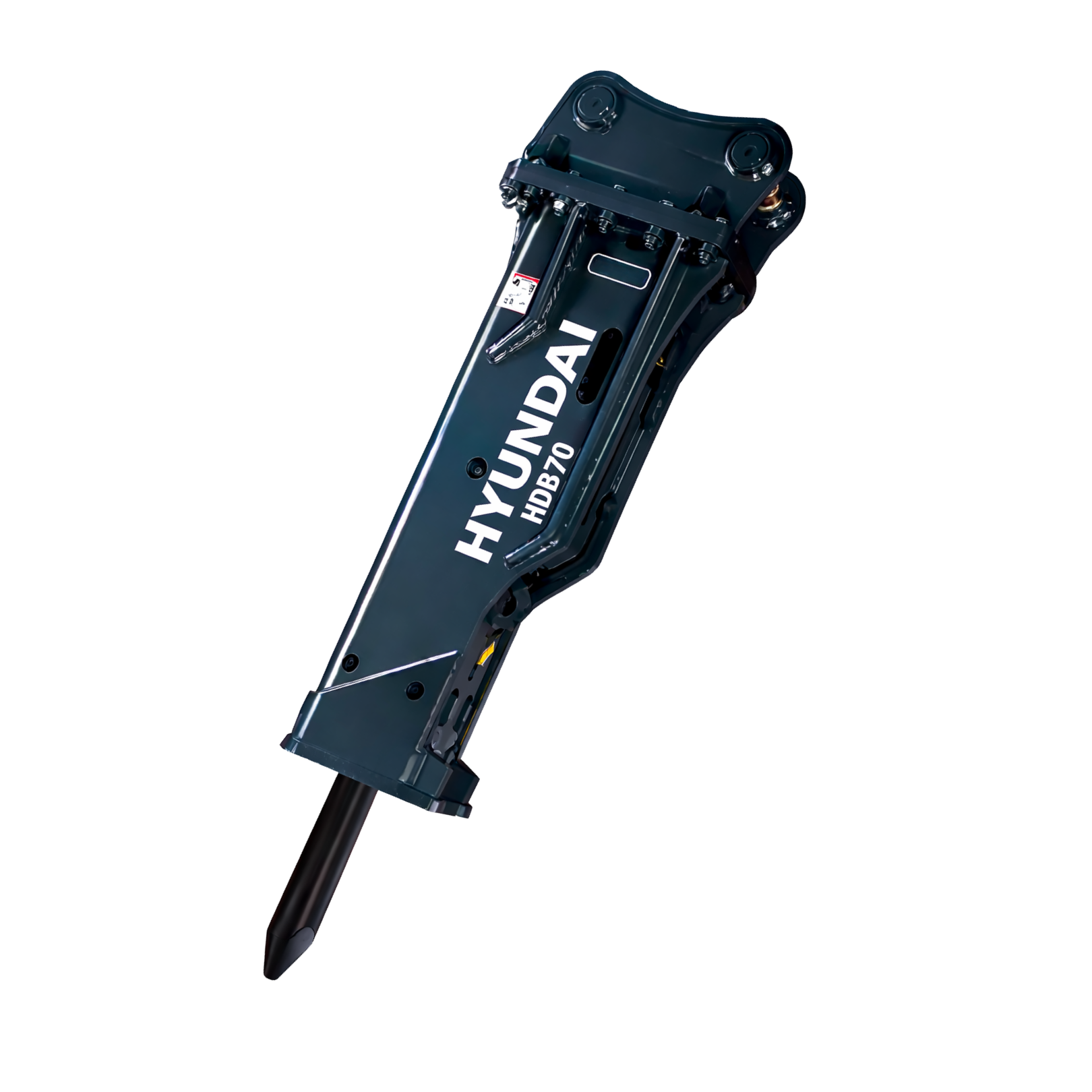 Close up of a Hyundai hydraulic excavator component with bolts labels and dark blue metal angled diagonally across a black background